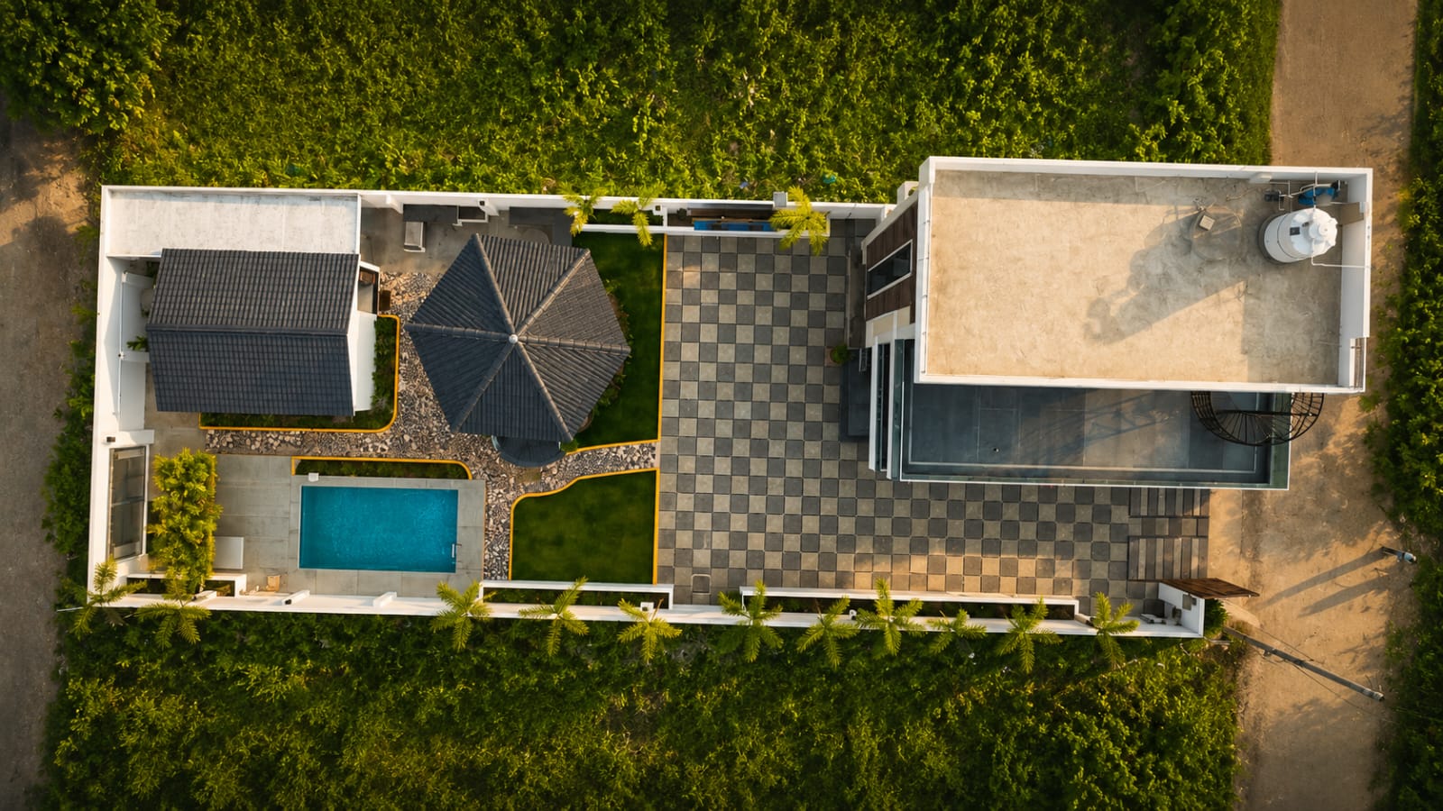 DSR The Landmark estate at dusk — aerial view