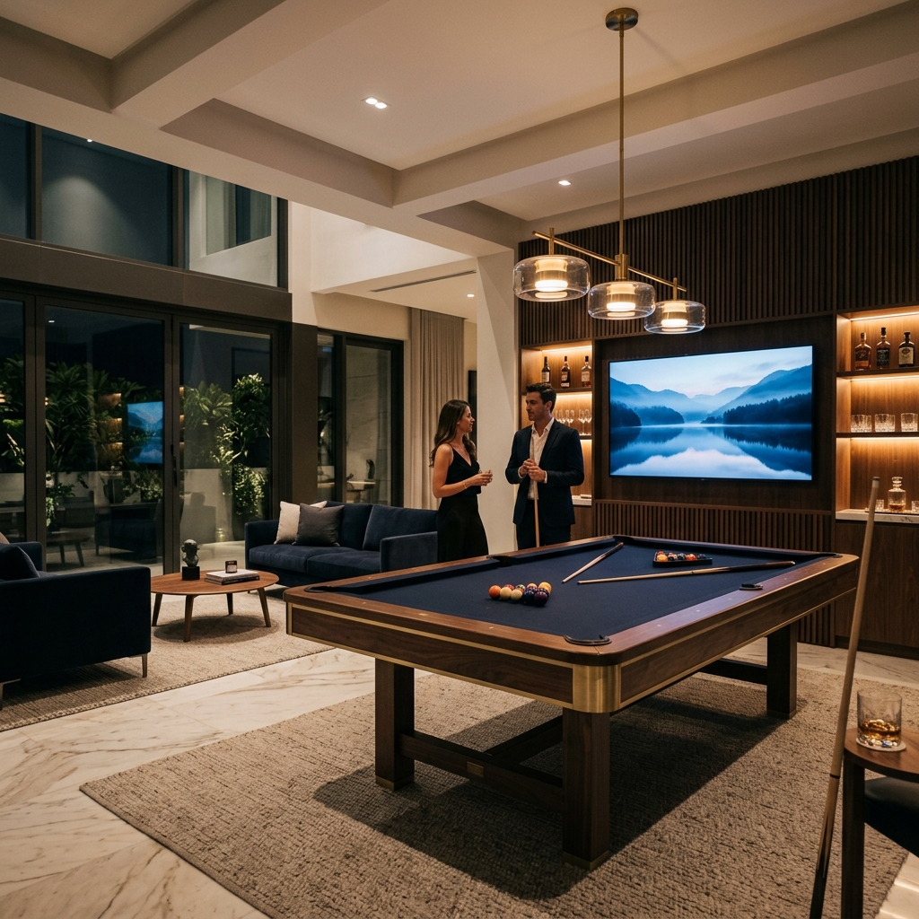 A sophisticated ultra-premium indoor recreation lounge with a professional full-size billiards table