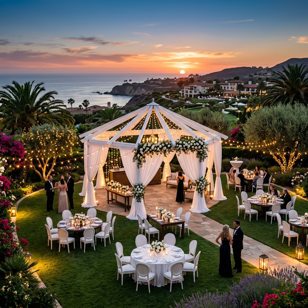 A gorgeous open-air resort event space with a beautifully decorated gazebo and warm golden fairy lights at twilight