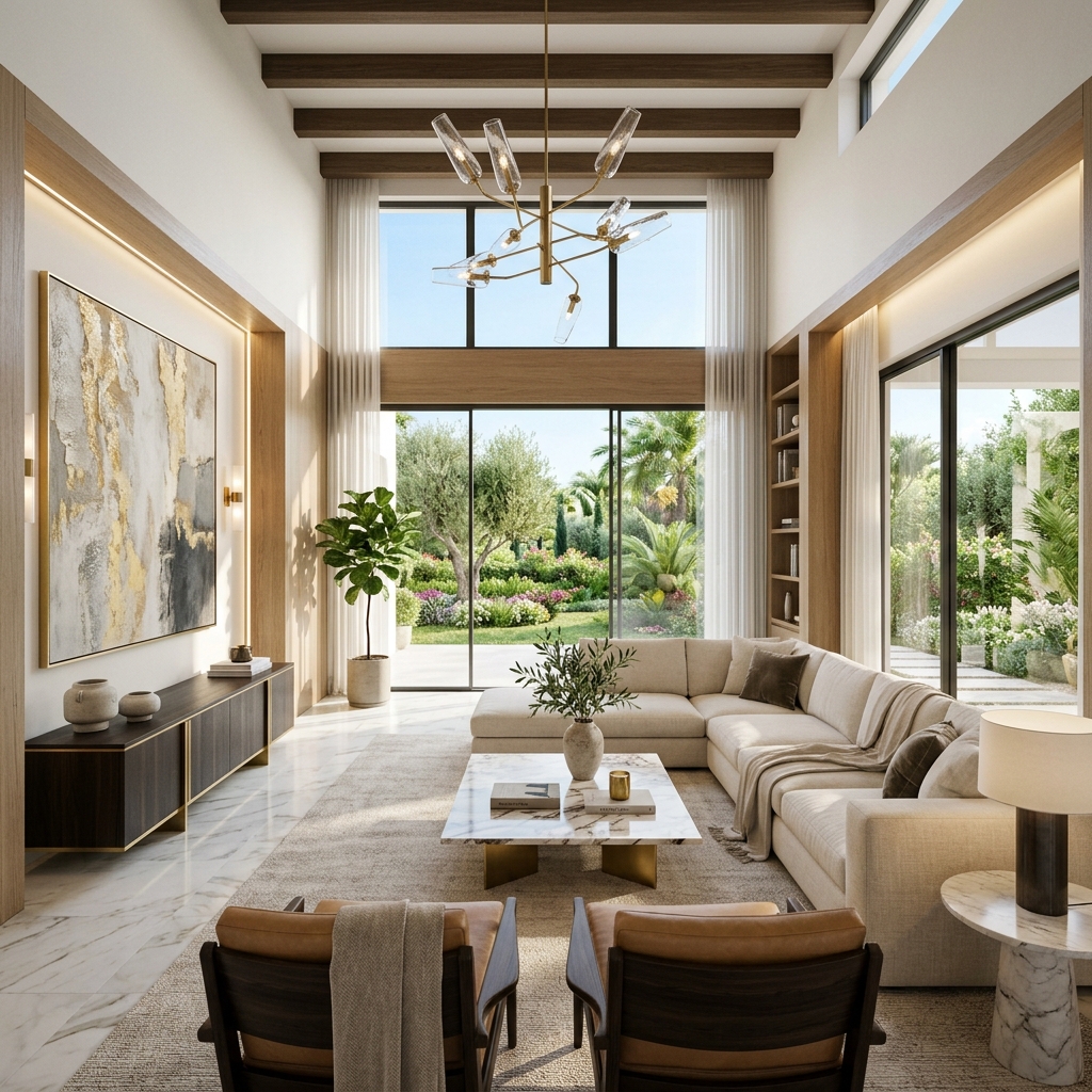 A luxurious, sun-drenched resort living room foyer with custom organic-textured furniture and a marble accent wall
