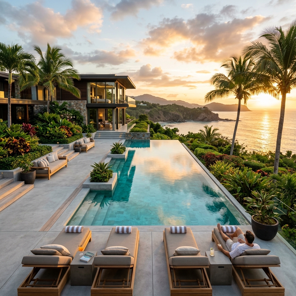 An ultra-luxury private swimming pool at dusk with crystal-clear turquoise water glowing under soft lights