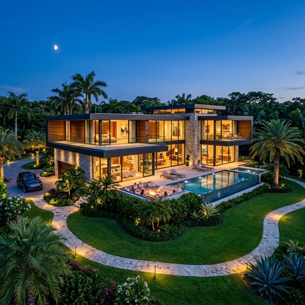 A majestic modern two-story luxury resort villa compound at dusk with warm glowing interior lights